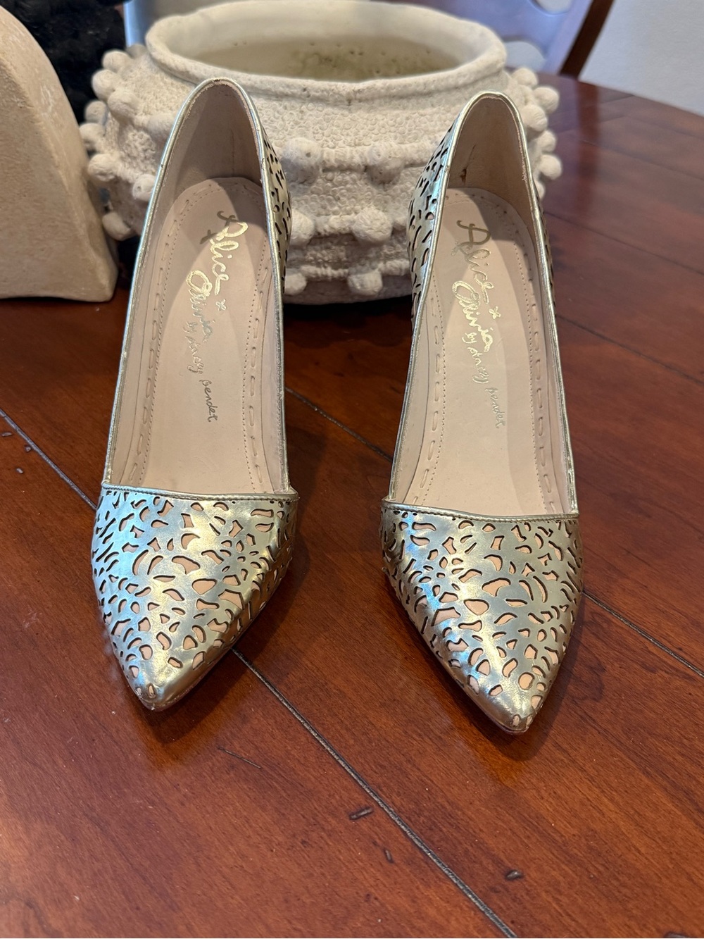Alice + Olivia Metallic Gold Laser-Cut Pointed Toe Heels